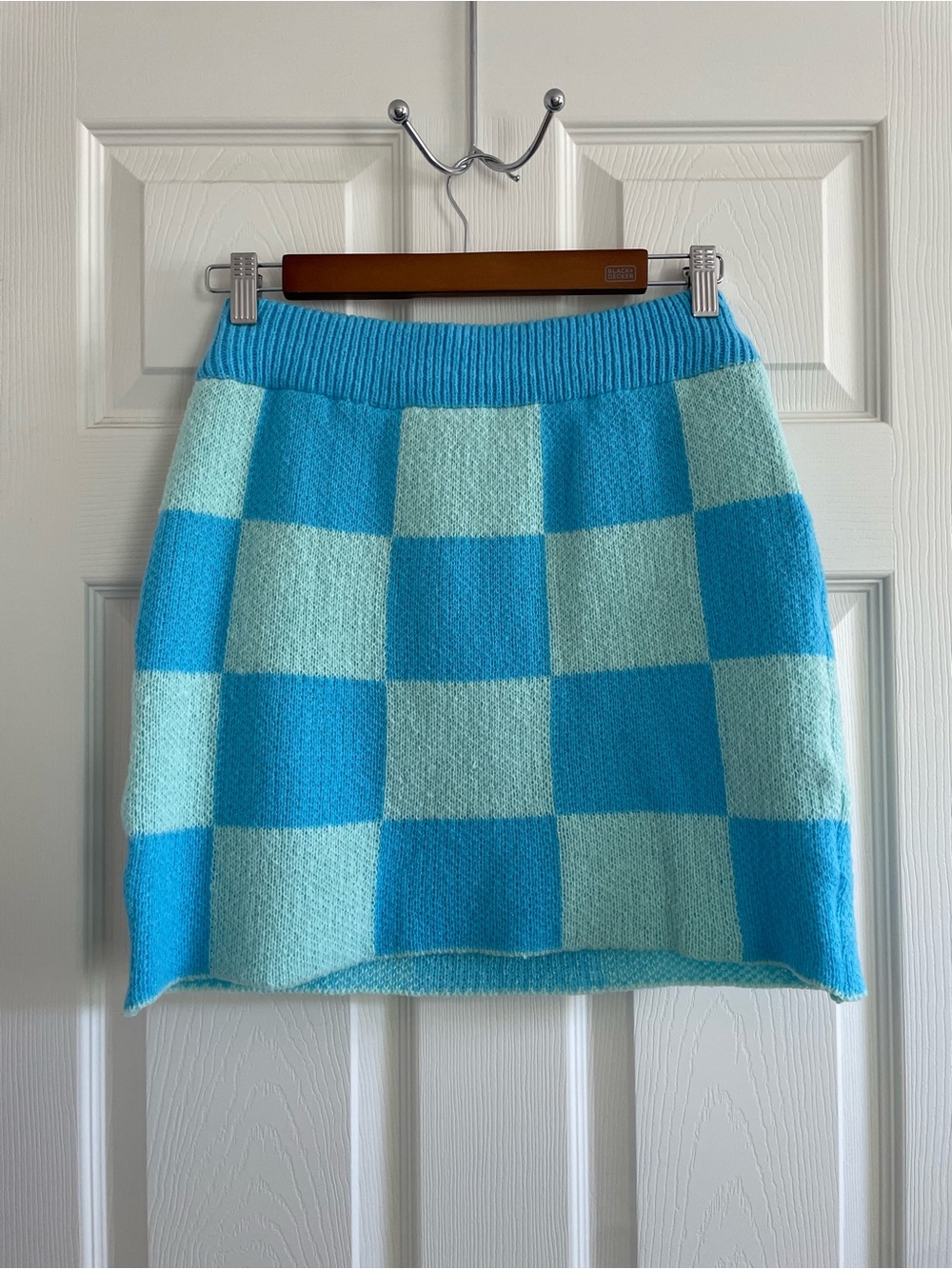 SHEIN Blue Aqua Checker Knit Mini Skirt Size M